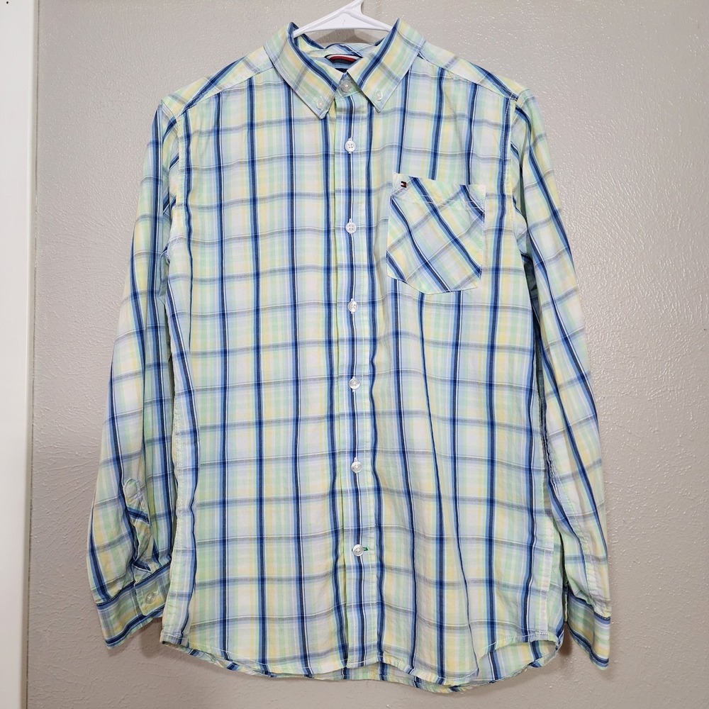 Tommy‎ Hilfiger Shirt Boys Size Large Button Down Dress Shirt Blue Yellow Plaid